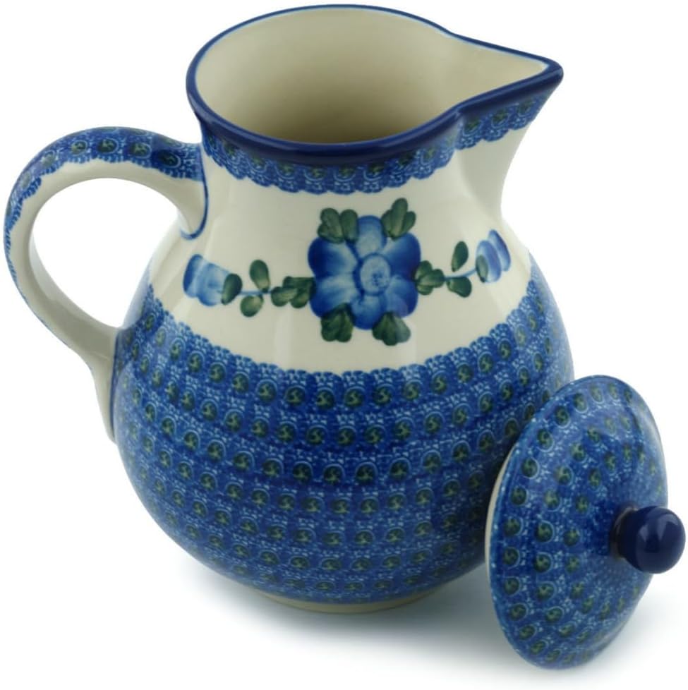 Polmedia Polish Pottery Pitcher with Lid - Blue Poppies Pattern Handmade in Boleslawiec Poland by Ceramika Artystyczna + Certificate of Authenticity