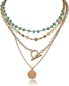 Boho Layered Turquoise Beaded Choker Necklace with Coin and Sequin Details for Women