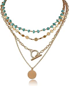 Boho Layered Necklace for Women with Turquoise Beads and Coin Pendant