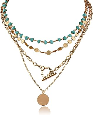 Boho Necklaces for Women Layered Turquoise Beaded Choker Necklace Western Jewelry for Women Sequin Coin Necklace Country Necklace Bohemian Boho Jewelry for Women Western Necklaces Summer Beach Necklace