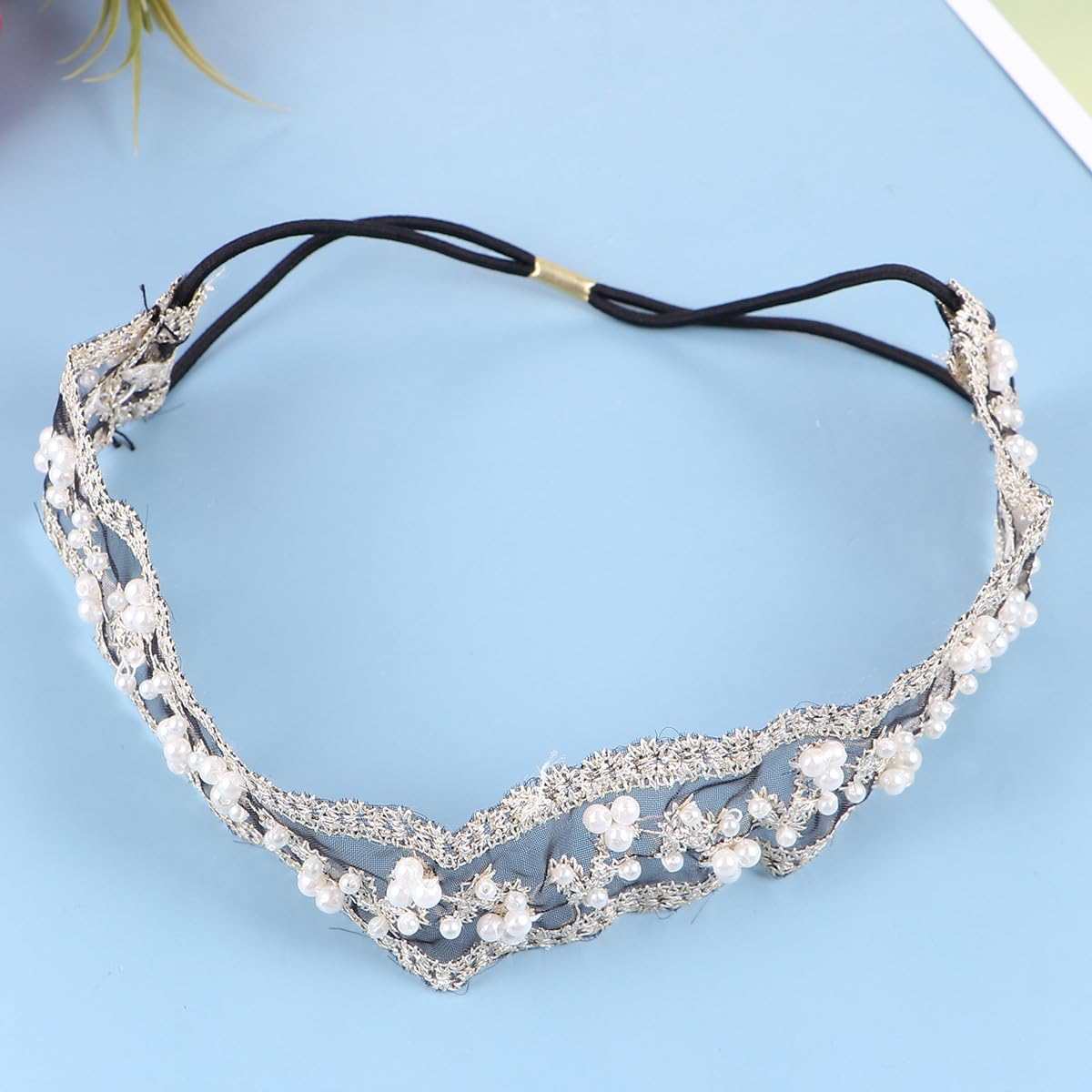 Hemobllo 2pcs Lace Beaded Hairband Elastic Headband Set for Women, Black and Beige Charming Hair Accessories, Comfortable Women’s Headwear for Daily Wear and Party