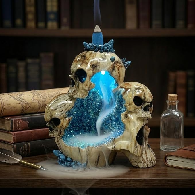 Nature's Mark Triple Skull Backflow Incense Burner - Blue Crystal Geode Style with LED Light - 8.07