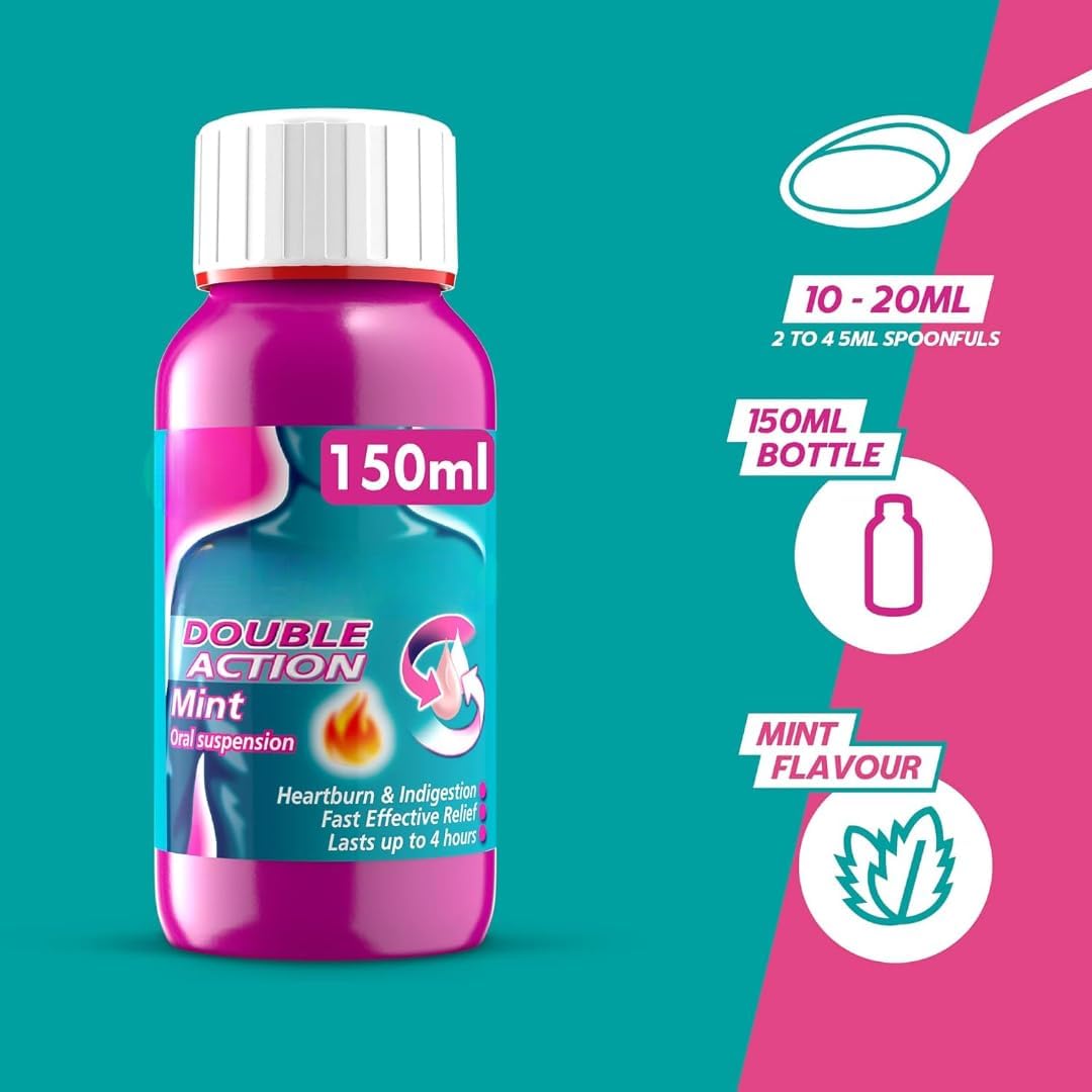 Double Action Mint Liquid Antacid, 150 ml, Fast-Acting Heartburn, Indigestion, and Acid Reflux Relief, Long-Lasting with 2 Measuring Cups (Pack of 2)