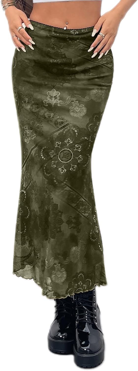 Avanova Women Boho Floral Mesh Long Skirts Elastic High Waisted Mermaid Hem 90s Grunge Maxi Skirt Green XX-Large - Image 5