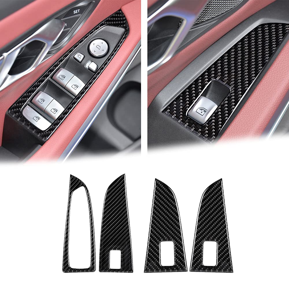 Compatible with Carbon Fiber Door Window Control Panel Door Window Switch Frame Decoration Trim Cover for BMW 3 Series 3GT G20 G28 2020 2021 2022 (4PCS Black)