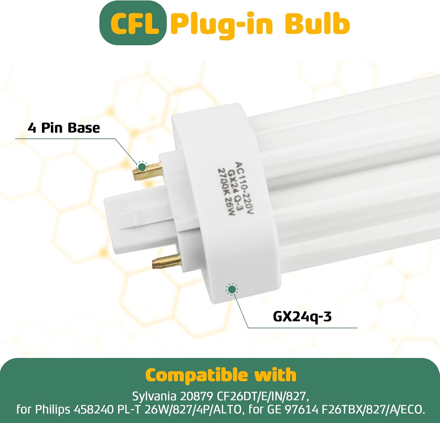 26 Watt Triple Tube Light Bulb, GX24Q-3 4 Pin Base CFL Plug-in Bulb | 2700K Warm White CFL Square Lamp Replacement for Sylvania 20879, for Philips 458240, for GE 97614 Bulb - 2 Packs