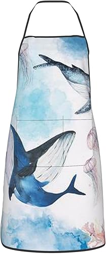 Miniatura 2 de Delantal estampado de ballenas marinas y medusas, delantal de cocina impermeable para mujer, cintura ajustable, con bolsillos, adecuado para el