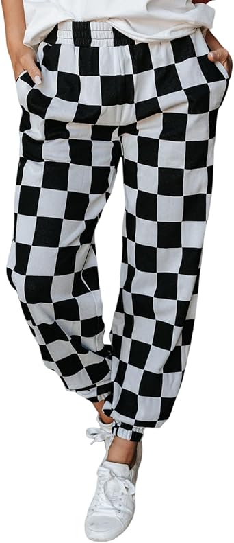 Womens Checkered Sweatpants Causal Plaid Elastic Waist Joggers with Pockets Trendy Fall Trousers Pajama Pants Bottoms
