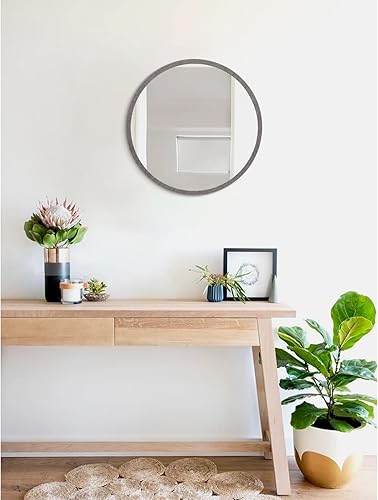 Miniatura 270 de JJUUYOU Espejo circular de pared redondo para baño, espejo de tocador gris, pequeño círculo decorativo para pared, marco de madera, espejo