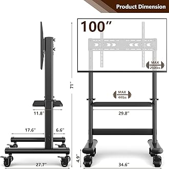 Mobile TV Cart Rolling TV Stand with Wheels for 55-100 Inch LCD LED Flat Curved Screens up to 250 lbs, Max VESA800x600 mm Heavy Duty Portable Floor TV Stand Large Base Trolley Height Adjustable