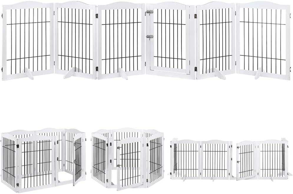 beeNbkks Extra Wide Pet Gate, 6 Panels Freestanding Dog Gate with Walk Through Door and 5 Support Feet, Foldable Pet Barrier Fence for Stairs Doorways Fireplace, Indoor Exercise Playpen for Dogs Cats
