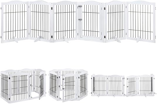 beeNbkks Extra Wide Pet Gate, 6-Panel Freestanding Dog Barrier with Door | Heavy-Duty Wooden Indoor Playpen with Metal Bars and 5 Support Feet, Secures Doorways Stairs Fireplaces or Large Openings