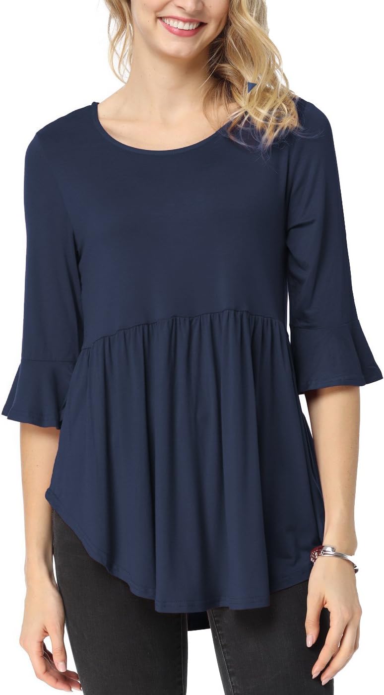 Women's Scoop Neck 3/4 Ruffle Detailed Sleeve Floral Tops Blouse