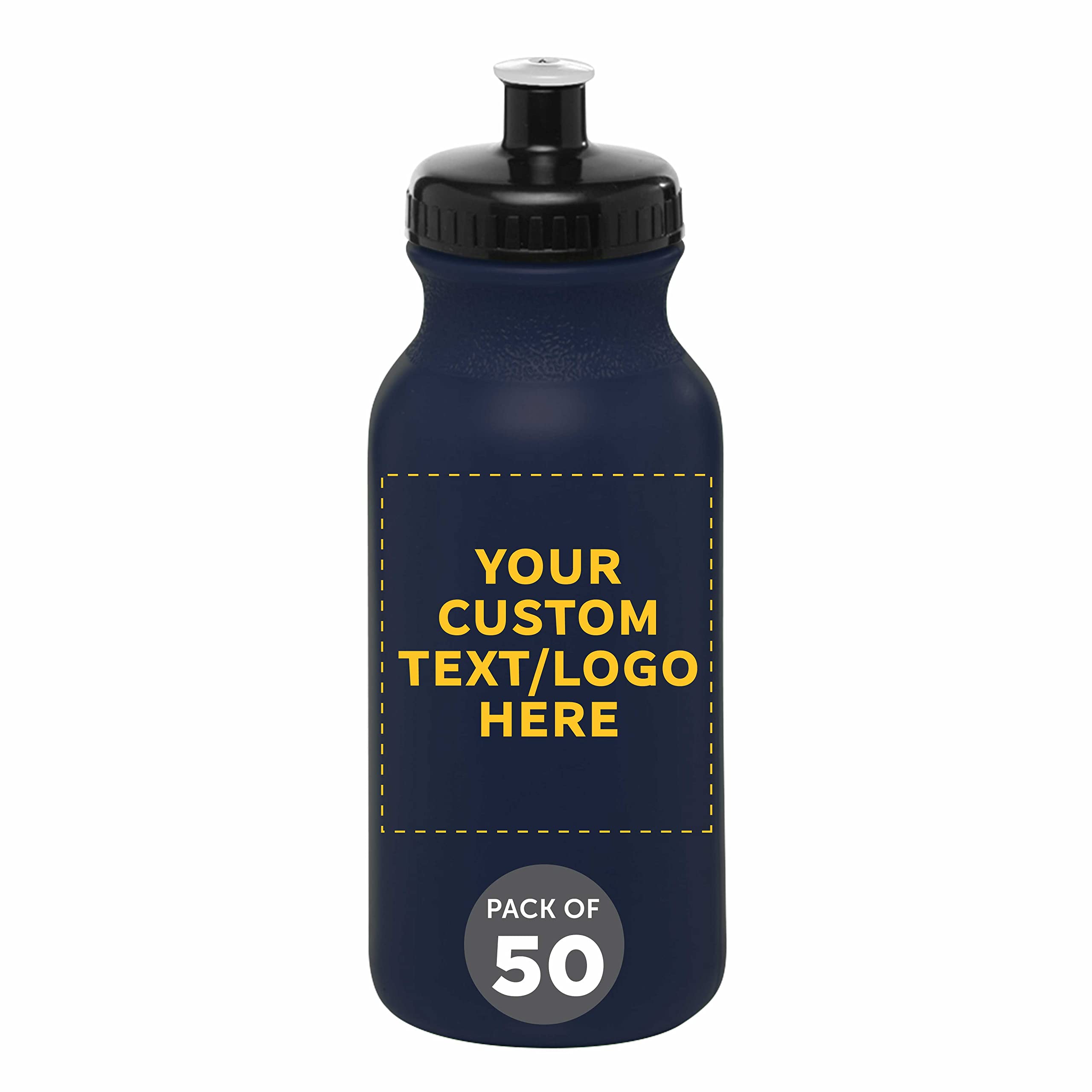 DISCOUNT PROMOS Custom 20 oz. Water Bottles with Push Cap – Set of 50 – Personalized Bulk Gift for Dad – Father’s Day Sports Bottles for Gym, Camping – Navy Blue