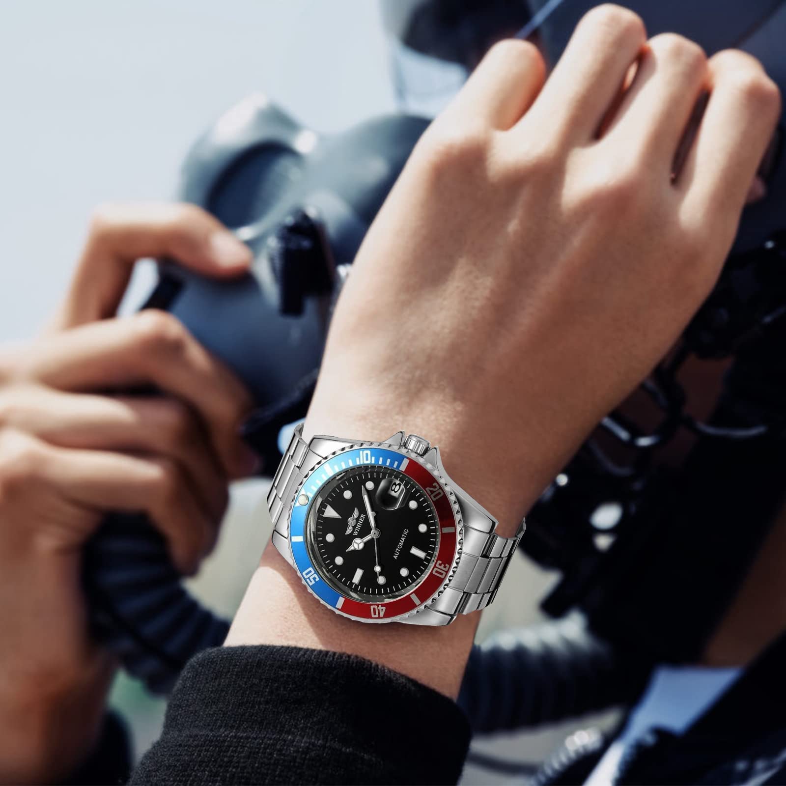 Winner - Reloj mecánico automático para hombre, marca de lujo, de acero completo, resistente al agua, con calendario