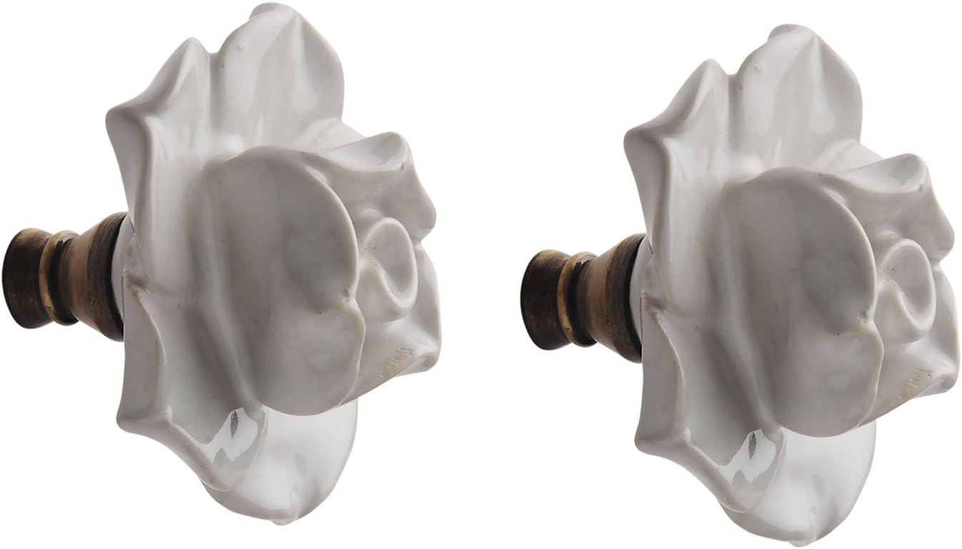 - Ceramic Rose Flower Shaped Cabinet Doors/Drawers/Wardrobe Pull Handle Knob (White and Brown; 55 x 48 mm) (2)...