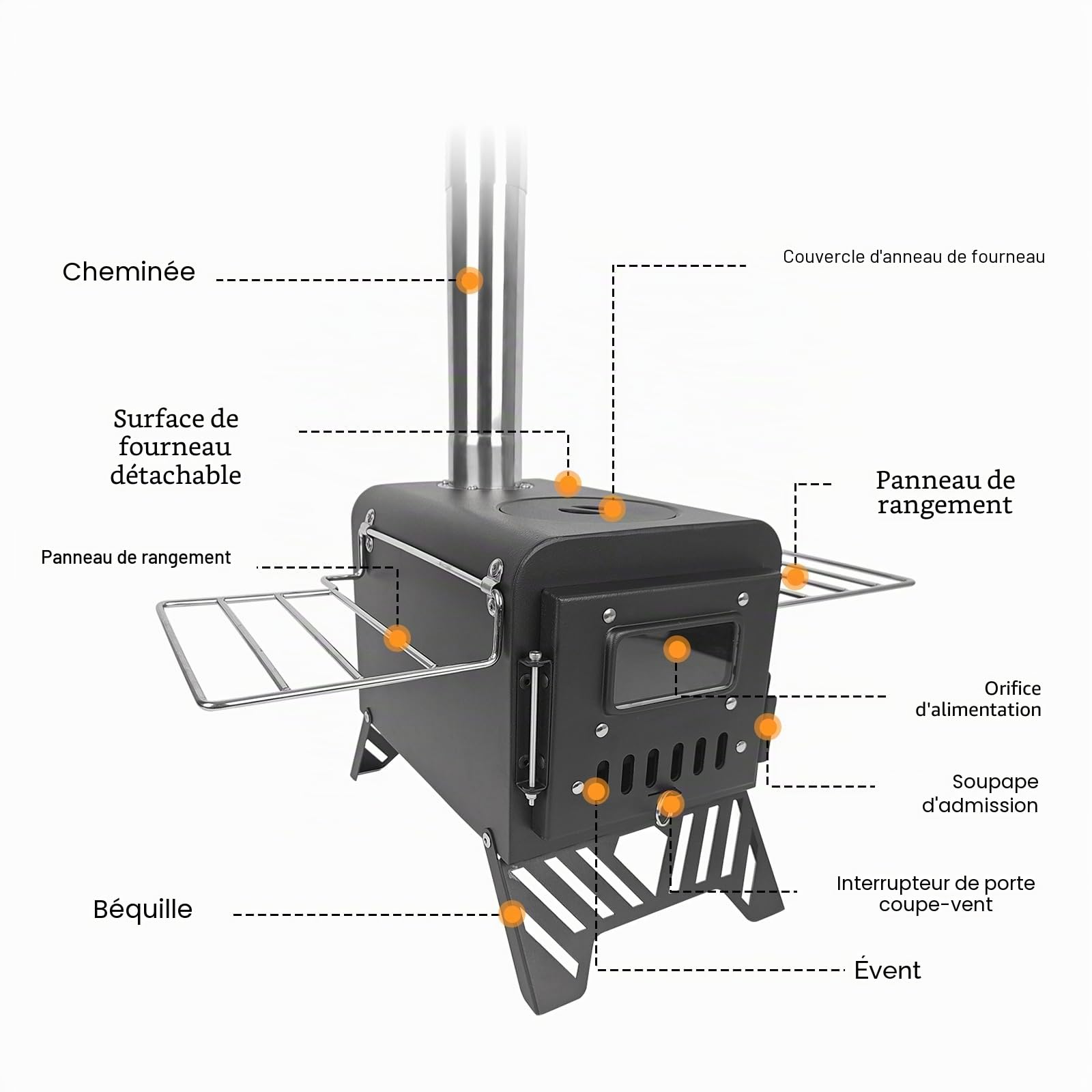 Réchaud de camping pour tente, taille élargie : 54 x 28 x 35 cm, poêle à bois portable d'extérieur avec tuyaux de cheminée en acier inoxydable, petit et confortable, pour la cuisine