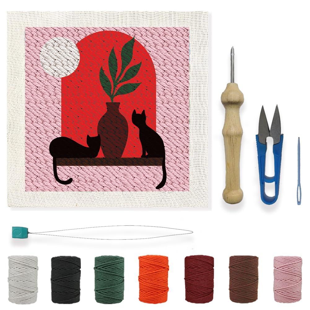 BEUNITONE Boho Element Cat Punch Needle Kits Adults Beginner with Instruction and Sewing Kit, Hand Embroidery Kits Punch Needle Starter Sets for Home Decor, Cross Stitch Kits for Beginners and Gift