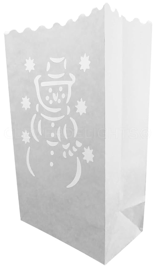 CleverDelights White Luminary Bags - 20 Count - Snowman Design - Flame Resistant - Luminaria Candle Bag