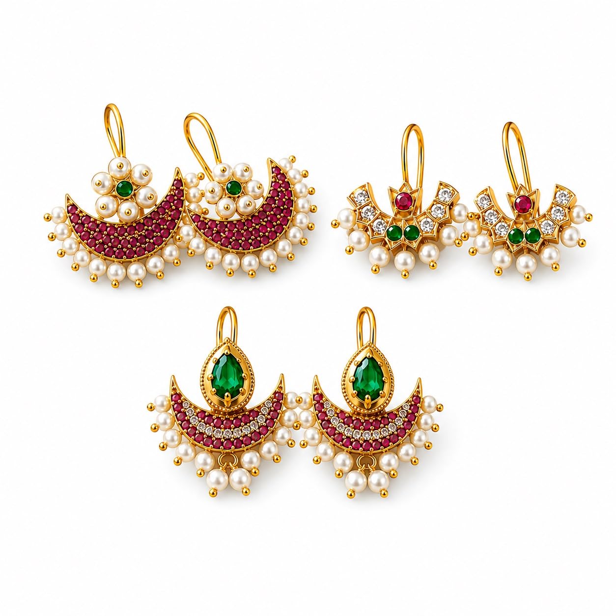 FASHIONS Traditional 3 Pair 18K Gold Plated Maharashtrian Pearl Drops Ruby Stone Half Moon Bugdi Bugadi Cuff Earrings Clip On Without Piercing Upper Earring Jewellery Combo Set For Women & Girls-image-39