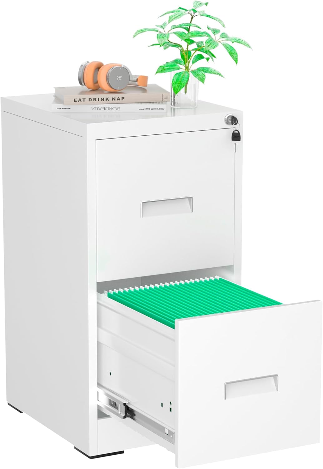 Pataku 2 Drawer File Cabinet with Lock, 18" D Locking File Cabinets, Black Vertical Filing Cabinet for Home Office, Metal Filing Cabinets for Home Office, Easy Assemble (White)