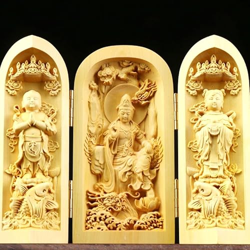 千手観音菩薩 天然木製約10cm 武財神 韋駄天 木彫仏像 彫刻 三開仏 (金童玉女です)