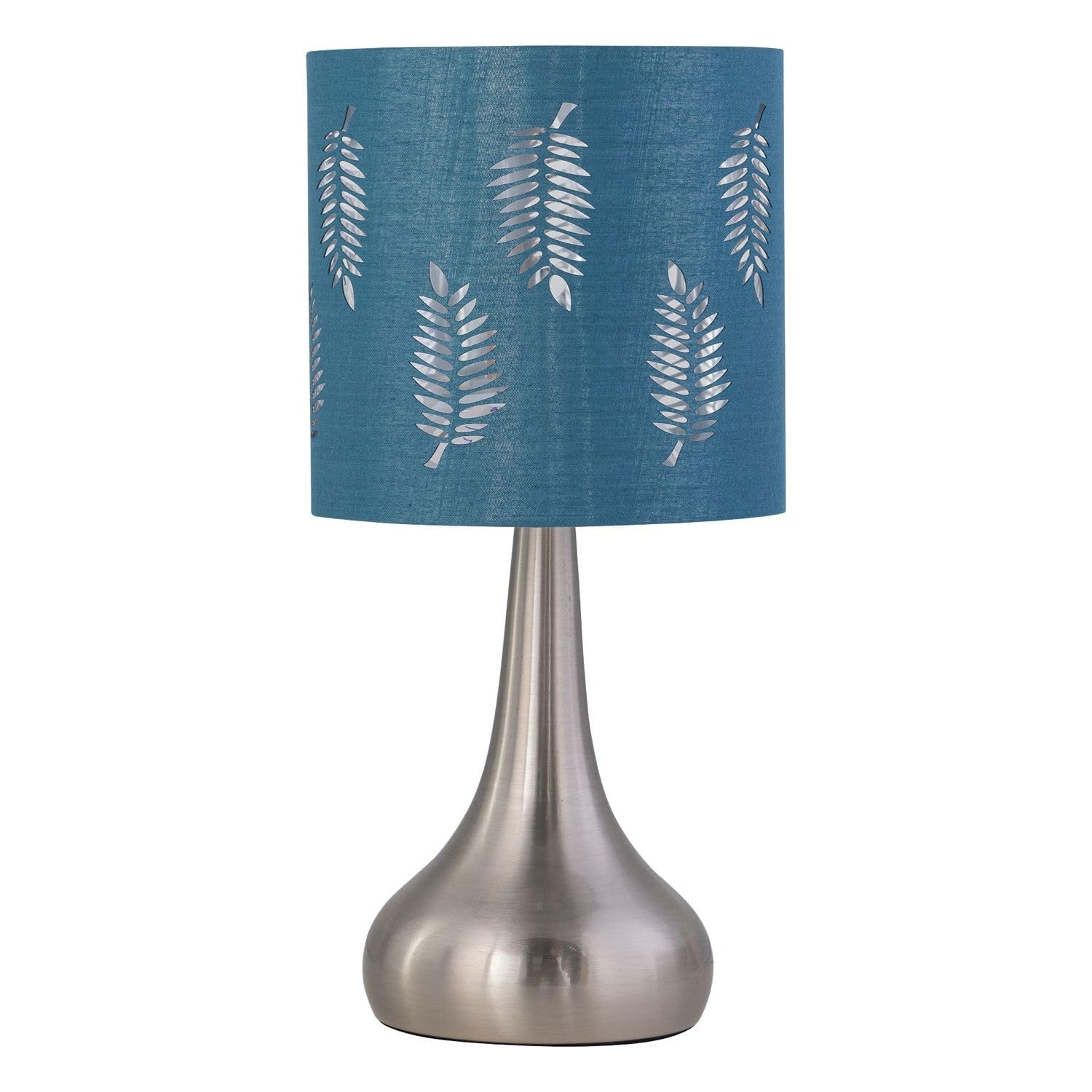 firstchoicelighting Brushed Chrome Touch Operated Table Lamp or Bedside Light, Modern Design, Height 36cm, Teal Fern Shade, LED Compatible