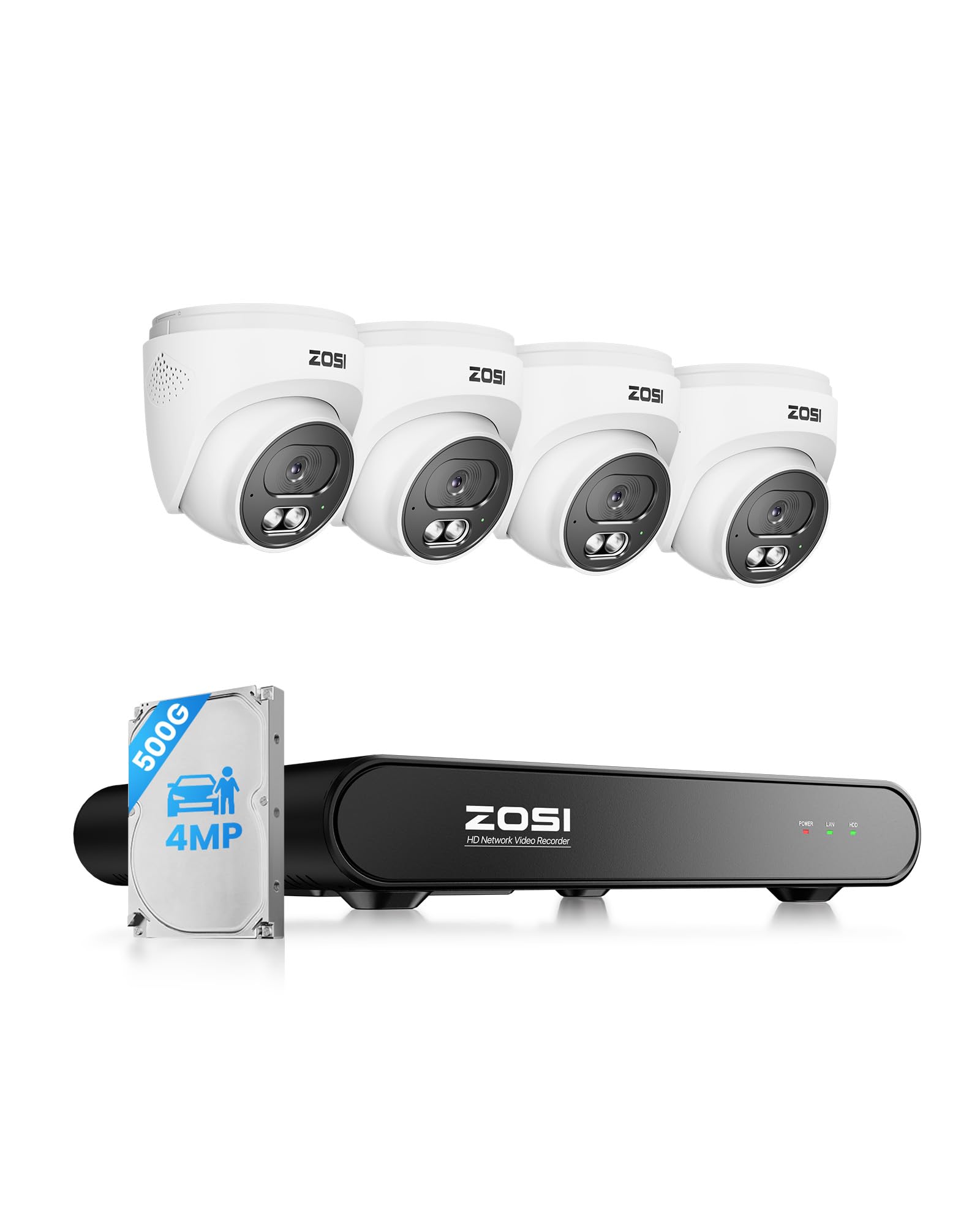 ZOSI 2.5K PoE Kit Telecamera Sorveglianza Esterna, NVR 8CH 5MP 500 GB, Telecamera Dome PoE 4MP con Audio Bidirezionale, Rilevamento di Persone, Visione Notturna fino a 30 m, Accesso a Distanza | Telecamera Dome PoE 4MP con Audio Bidirezionale, Rilevamento