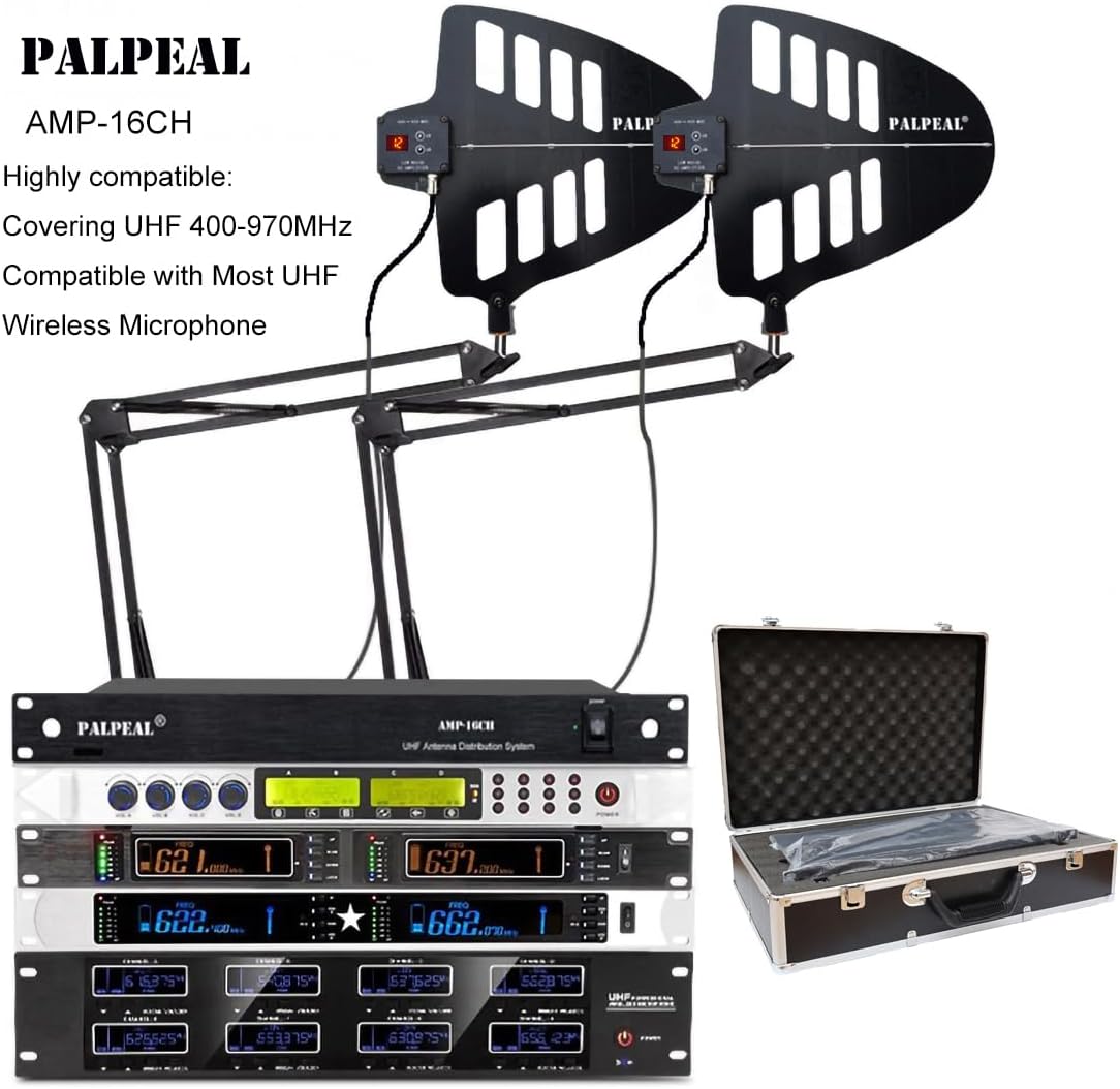 AMP-16CH 16 Channels Wireless Antenna Distribution System,14 Outputs + 2 Cascade Ports,UHF Active Directional Antenna,2200 FT,Wireless Microphone Signal Amplifier