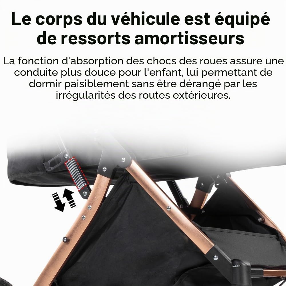 Poussette 3 en 1 pliable avec mode berceau et roues tout terrain | Dossier inclinable modulable, adapté aux nouveau-nés et tout-petits avec accessoires fournis,Noir
