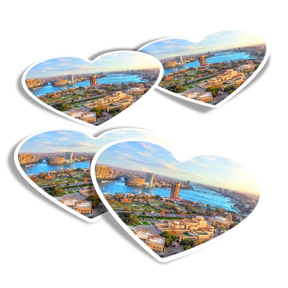 Destination Vinyl Ltd Multi Vinyl Heart Stickers (Set Of 4) - Cairo Downtown Nile River Egypt Fun Decals For Laptops,Tablets,Luggage,Scrap Booking,Fridges #44502
