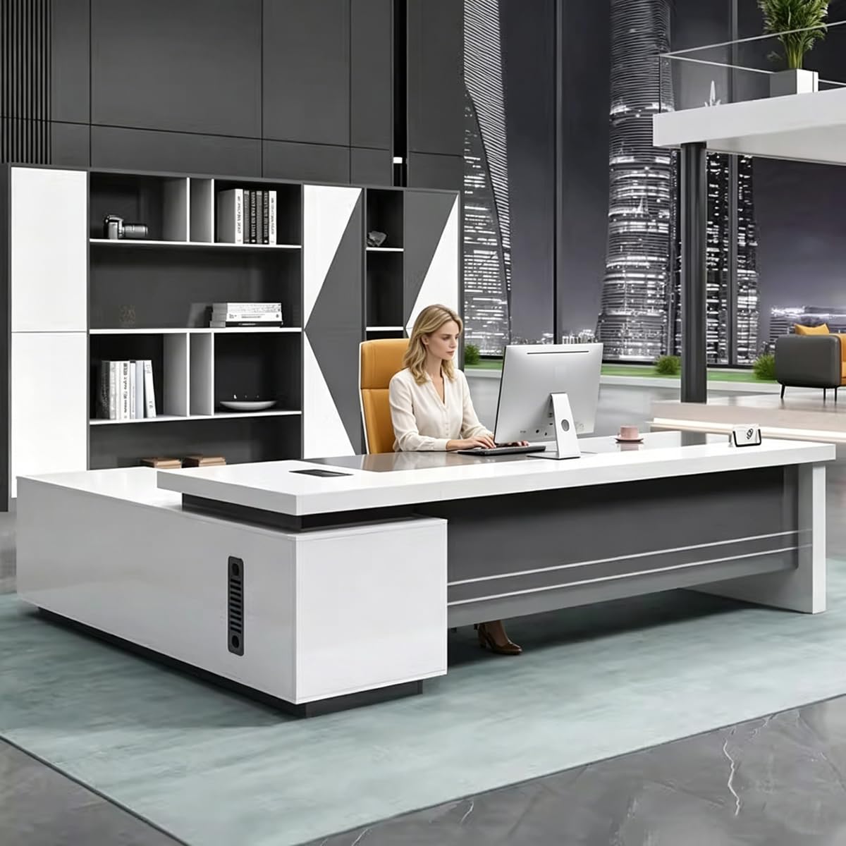 DUWEIKE L-Shaped Executive Office Desk, Modern 2 Tone Manager Desk with Side Cabinet, Home Large Office Table Computer Workstation,71in