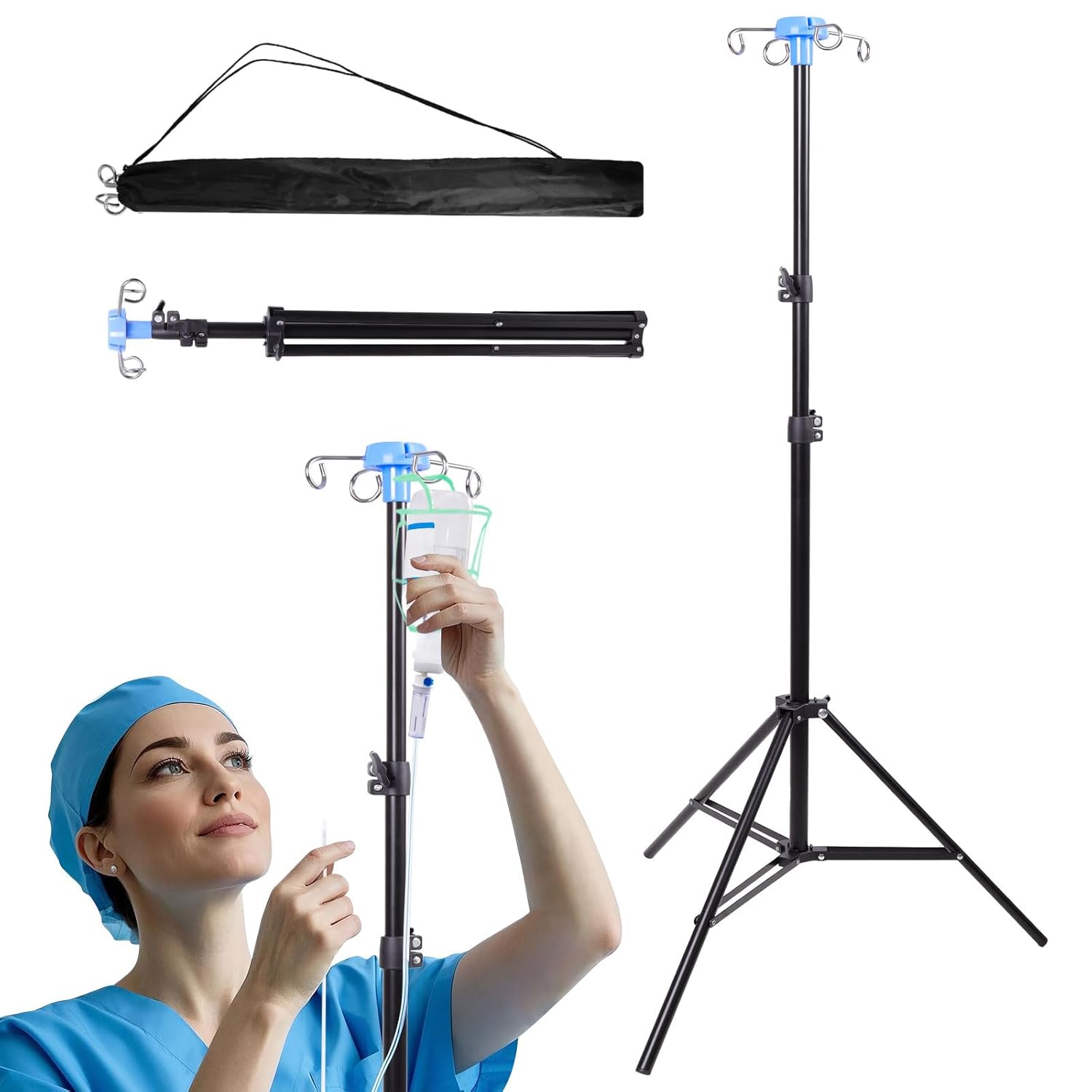 Foldable IV Pole Stand with 4 Hooks, Adjustable Height IV Stand, Tripod IV Pole Stand for Home Care, Hospitals, Clinics and Travel, Medical IV Drip Infusion Bag Holder(Black)