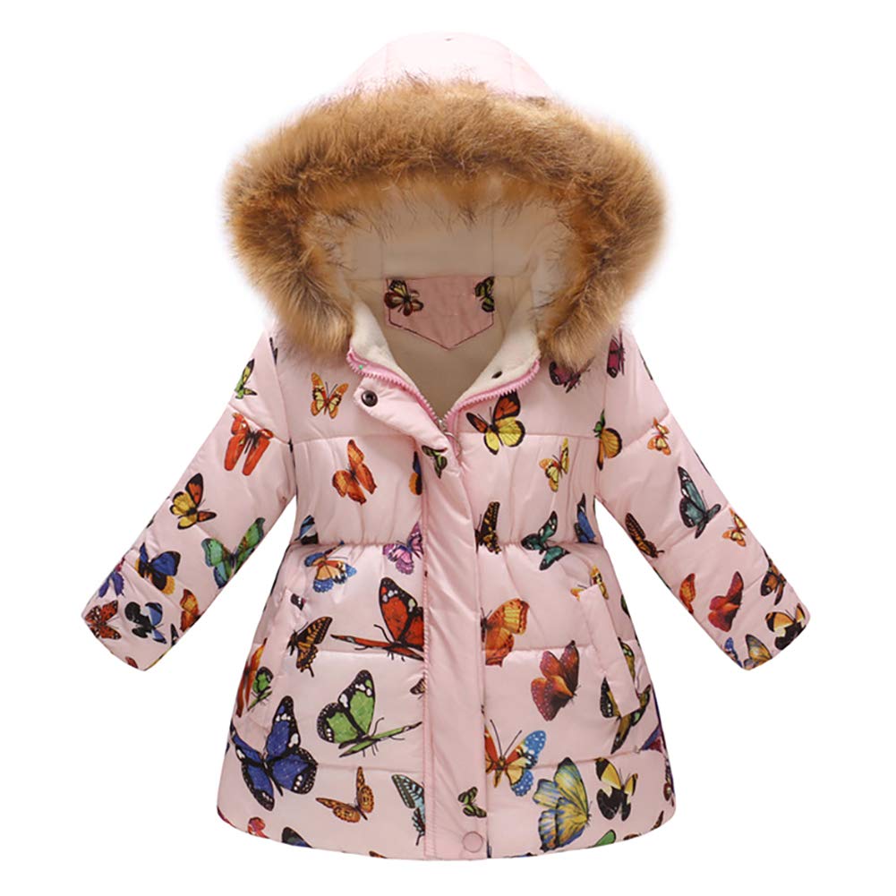Boys Girls Floral Butterfly Print Winter Coat Cotton Parka Hooded Snowsuit Thicken Warm Fur Collar Hooded Down Windproof Puffer Jacket Lightweight Outerwear Windbreaker Pink Butterfly 01 5-6 Years