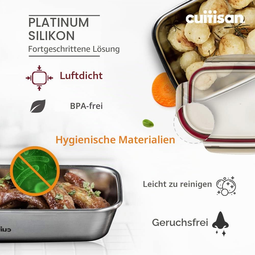 CANDL Cuitisan (Flora) Frischhaltedose aus rostfreiem Edelstahl mit Clipverschluss-Deckel, rechteckig, geeignet für die Mikrowelle + Ofen, Vorratsdose, EC7-SS09 1900ml