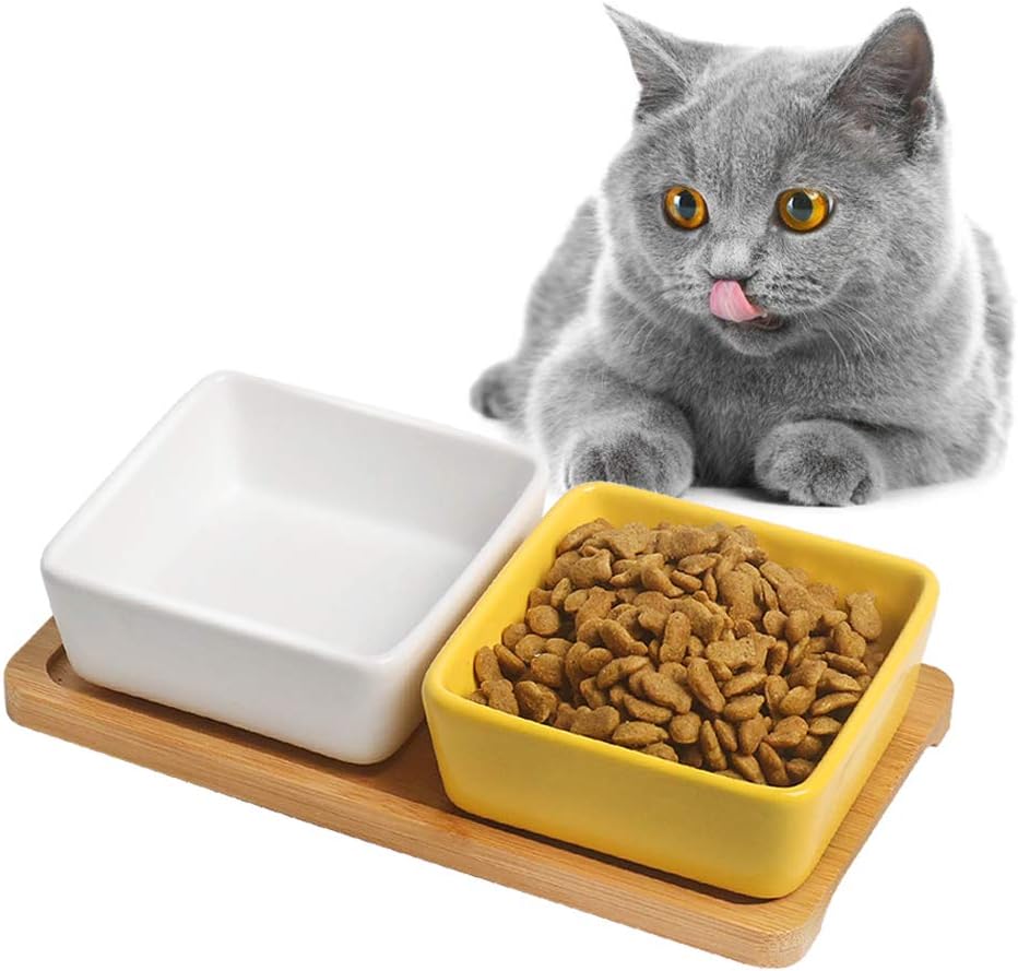 Cat Bowl Cat Food Bowls, Mini Double Dog Bowl Premium Ceramic Pet Bowls, Mini Plates, with Wooden Square Bracket Cute Modeling Pet Food…