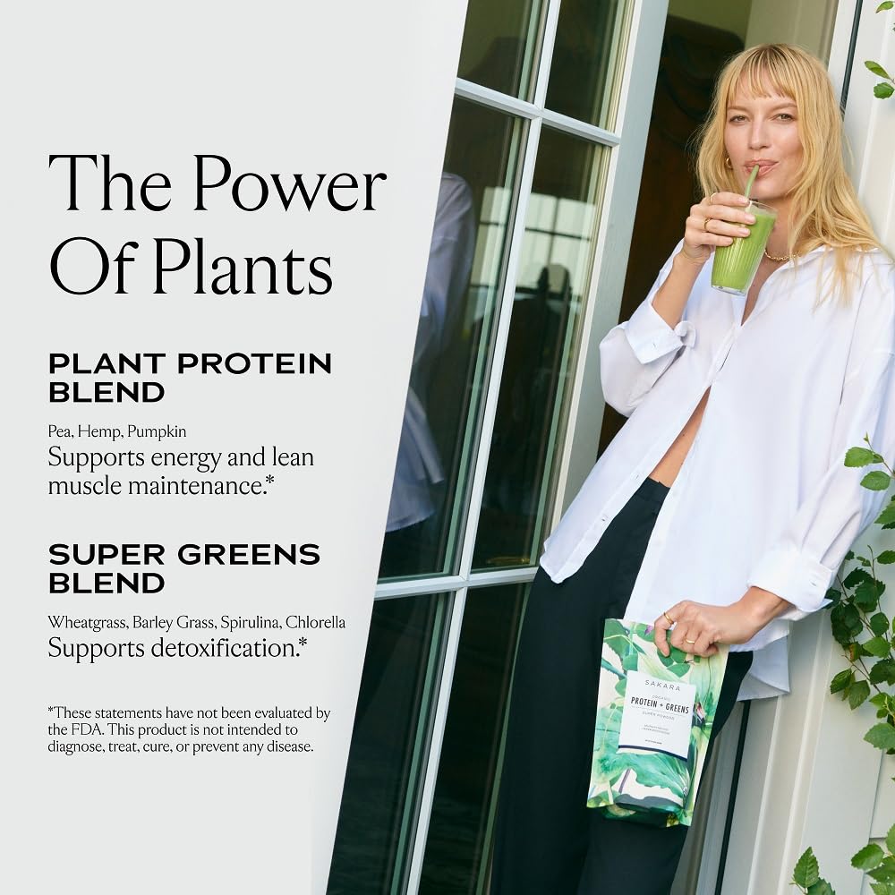 Sakara Protein + Greens Super Powder, 30 Servings - Organic Protein Powder Hemp, Pumpkin, Pea Protein, Organic Greens Powder Wheat Grass & Spirulina Superfood Powder, Vegan Protein Powder Greens Blend
