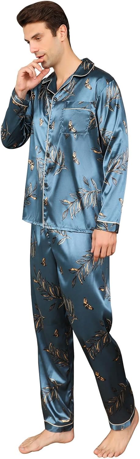 ShuiGod-Mens Silky Satin Pajamas Set Long Sleeve Top and Long pants Nightwear Button-Down Pj Sets Sleepwear - Image 6
