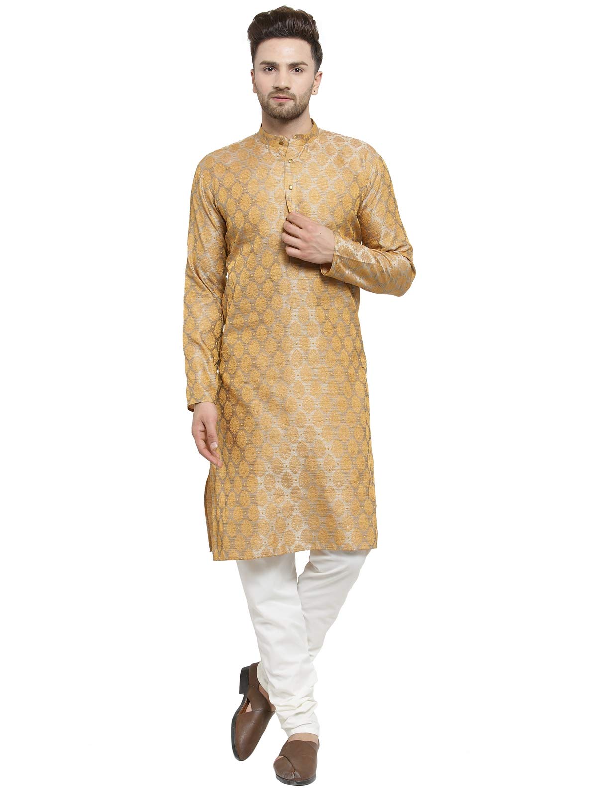 Jompers Men's Jacquard Silk Kurta And Pyjama(Silver,Xl)