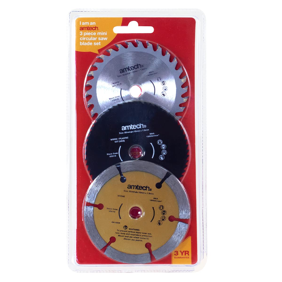 Amtech V5010 3 Piece 85mm Mini Circular Saw Blade Set, Cuts Wood, Plastic, Concrete, Masonry & Tiles, Universal 10mm Bore Size - Image 2