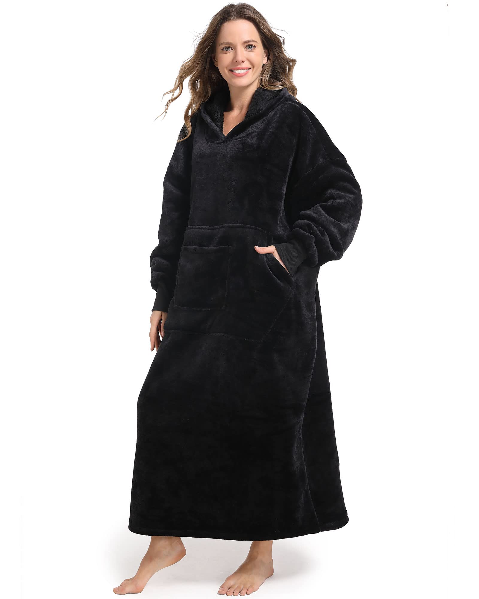 FUSSEDA Oversized Wearable Blanket Sweatshirt, Thick Warm Fleece Cozy Sherpa Hooded with Pockets and Sleeves Gift for Adult