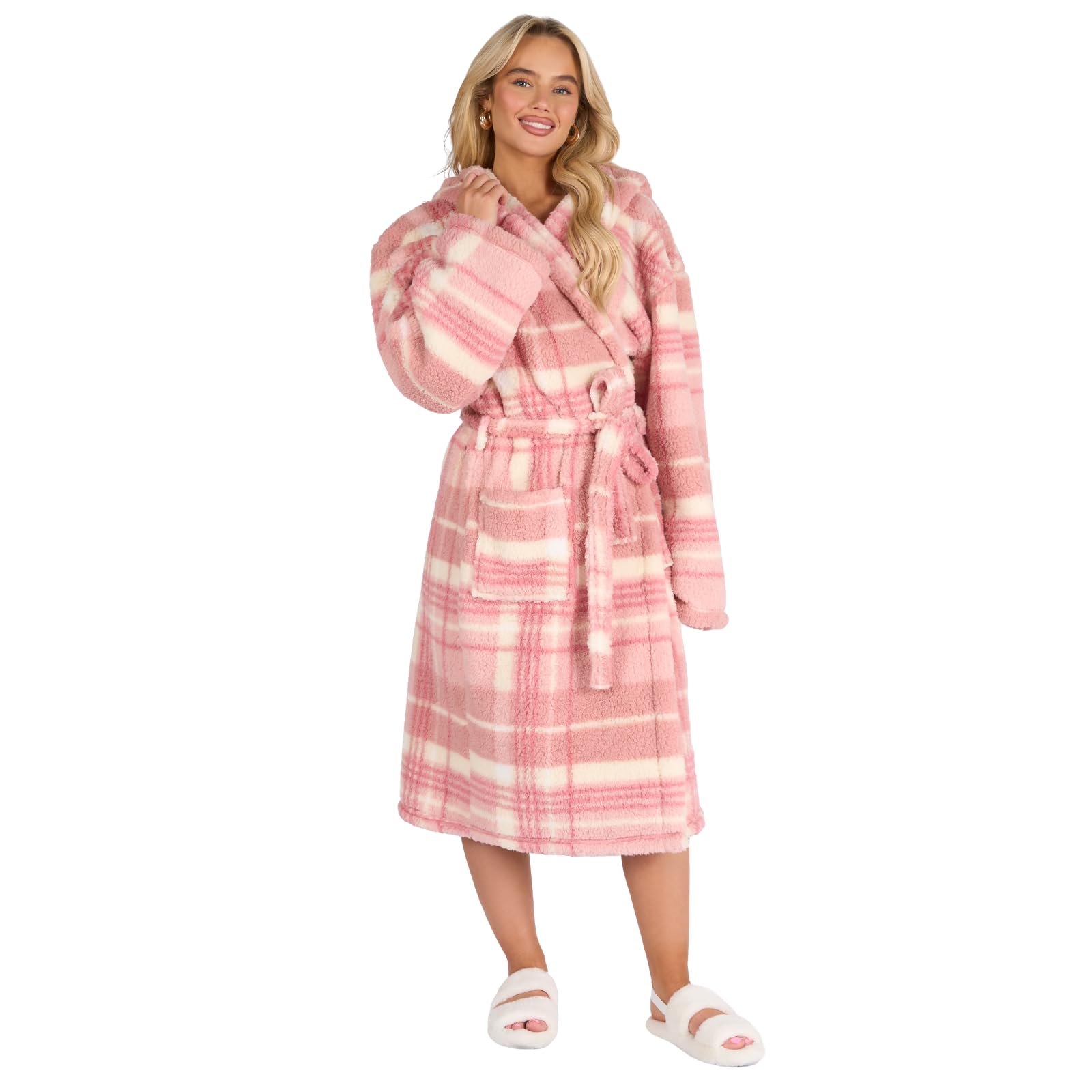 OHS Dressing Gown Womens Teddy Fleece, Mothers Day Gifts Super Soft Warm Hooded Bathrobe with Pockets Luxury Oversized Fluffy Ladies Dressing Gowns, Blush Pink One Size