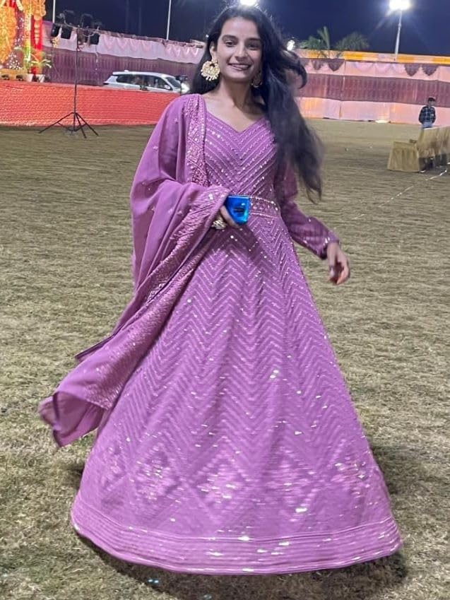 Image of Omkar Textile's Light Purple Georgette Designer Gown with Dupatta Set (Ready to wear) for Wedding, Evening,Party, Brthday etc.