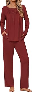Womens Pajama Sets Fall Long Sleeve Pajamas for Women Trendy Pleated Pjs Sets Comfy 2 Piece Lounge Set with Pockets