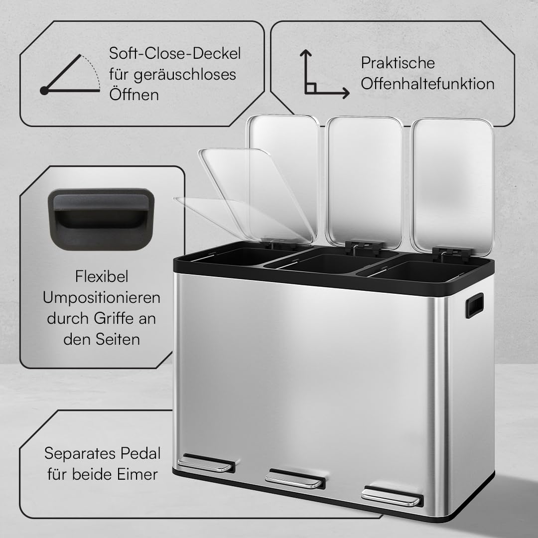 STEELSØN Epsilon Mülleimer 3x15L, 3 Fächer, aus Edelstahl in Silber | Mülltrennsystem Küche, Tretmülleimer mit Soft-Close-Deckel, Abfalleimer + herausnehmbaren Inneneimern für Recycling/Restmüll