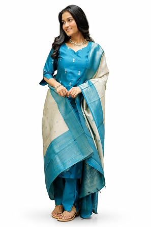 ABTER Women’s Teal Blue Kurta Pant Dupatta Set with Woven Border and Printed Motifs, Sky Blue Rasmalai Suit