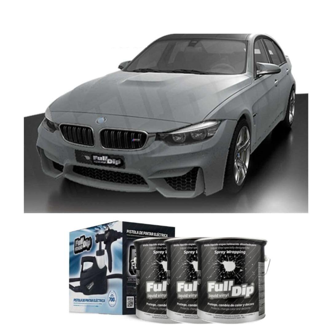 AutoFullCar Vinilo Líquido Full Dip Kit de Pintura con Pistola Eléctrica FD650 Pack Completo Para Pintar tu Coche y Superficies Automoción con Acabado Mate (Nardo Grey, Coche Berlina)