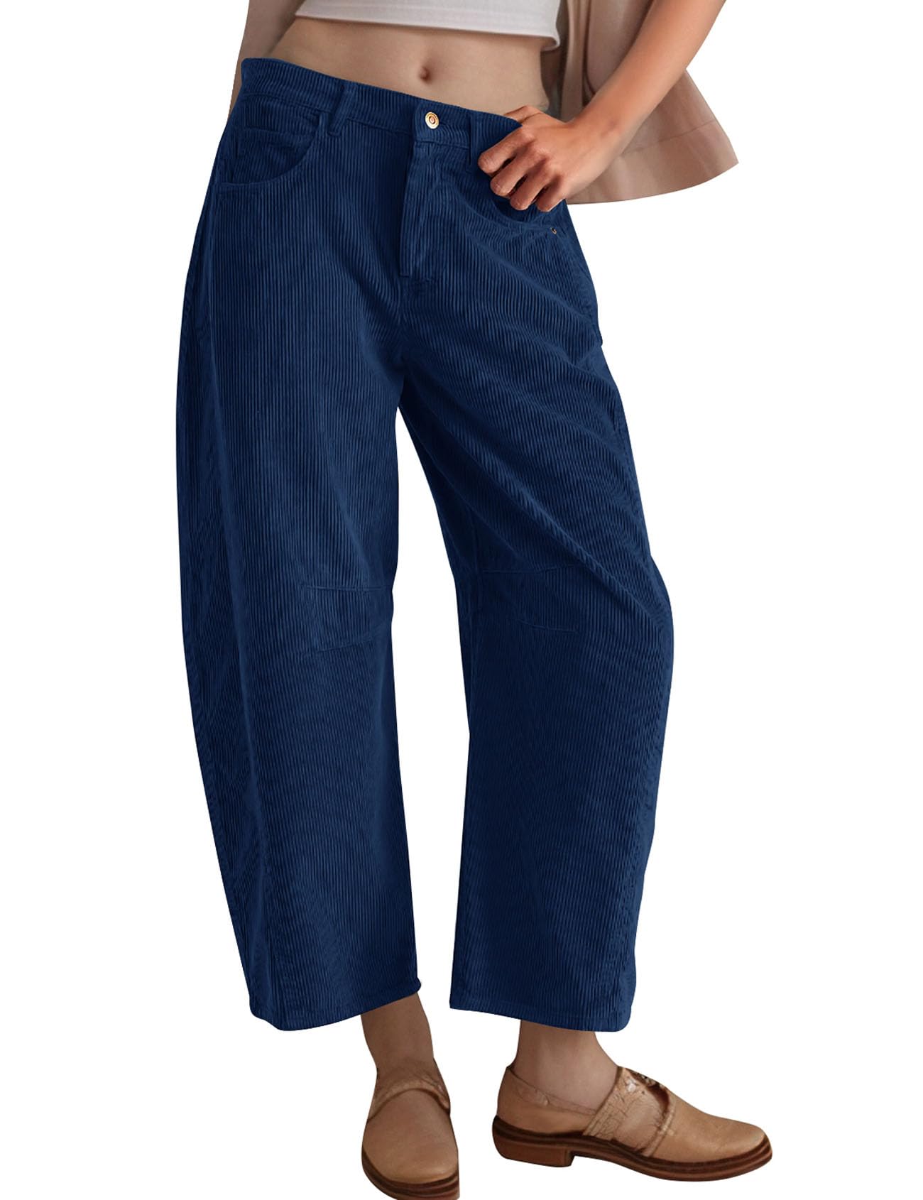 Flygo Womens Corduroy Pants Mid Rise Corduroy Barrel Pants Wide Leg Elastic Waist Cord Pants Casual Baggy Trousers