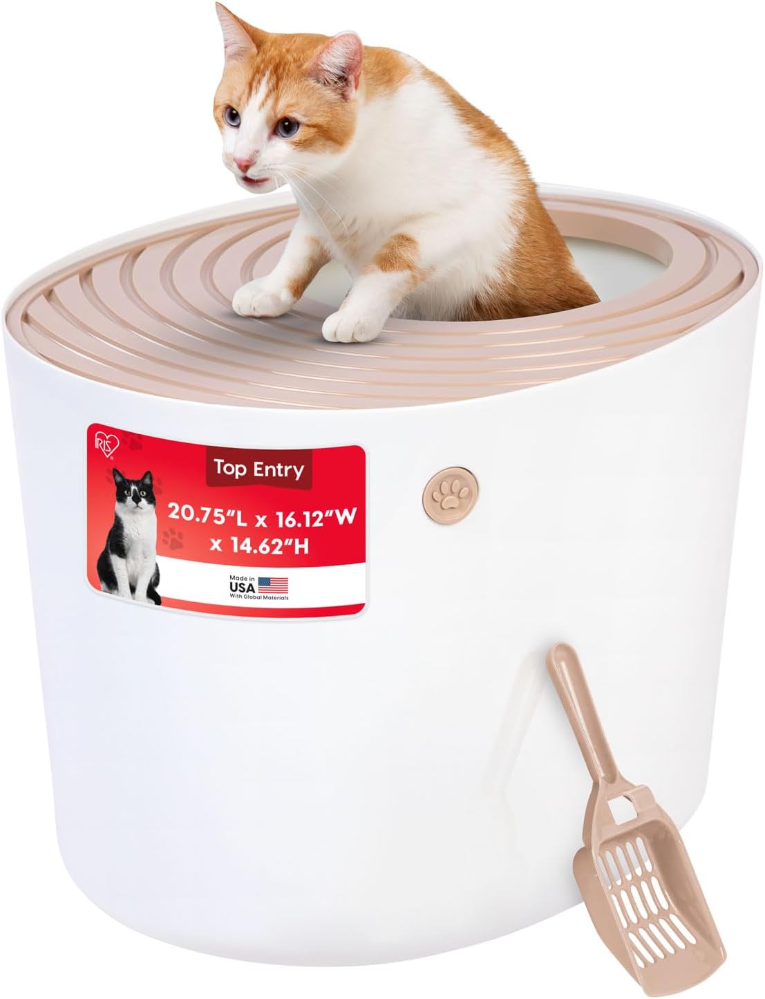 IRIS USA Cat Litter Box Large Top Entry with Lid Enclosed Covered Hooded Design Litter Catching Scatter Shield Pan Dog Proof Pet Proof Scoop Included Odor Control for Indoor Cats Kittens Beige/White