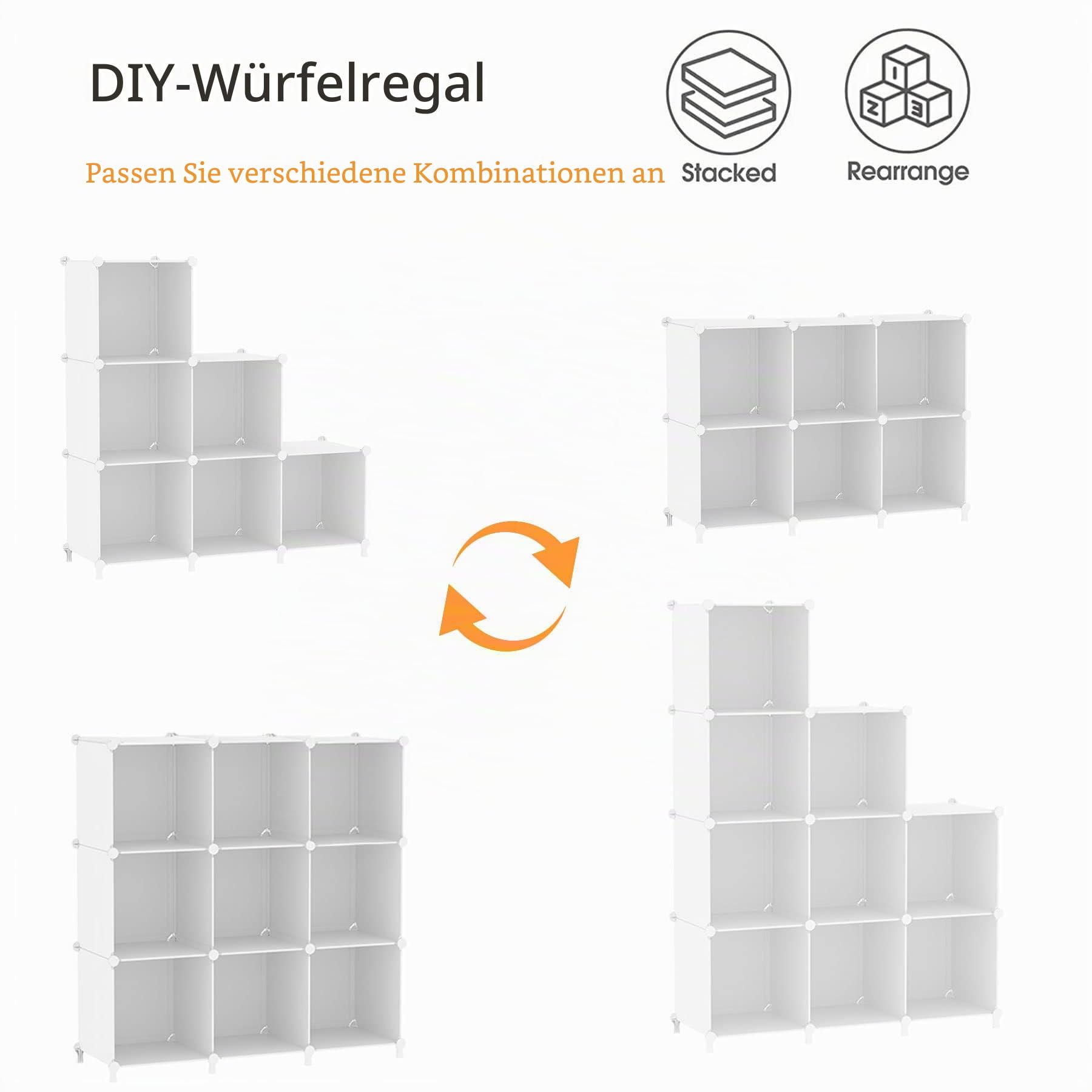 AWTATOS Würfel Aufbewahrungs Organizer, 6 Würfelregale mit Holzhammer, DIY Schrank, Modulares Lagerregal, Bücherregal, Kunststoff, Quadratisch, Aufbewahrungsregal für Zuhause, Schlafzimmer, Weiß